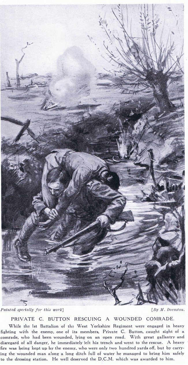Soldado Button condecorado con la M.C.D. por rescatar a un compañero herido (litografía) de Margaret Dovaston
