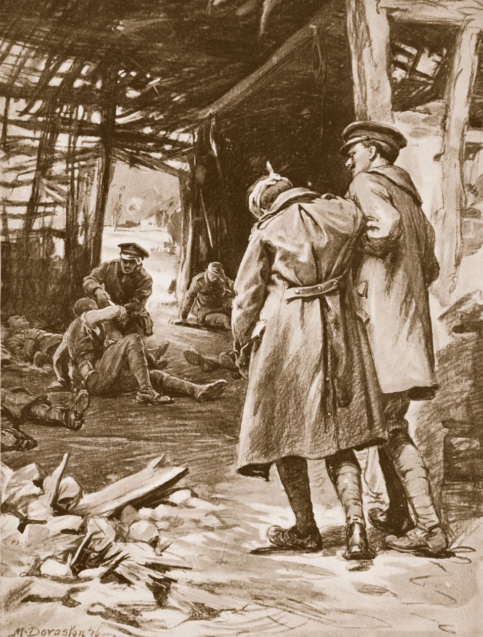 Soldado J.S. Kerr prestando primeros auxilios a los heridos en una granja que estaba siendo bombardeada (litografía) de Margaret Dovaston