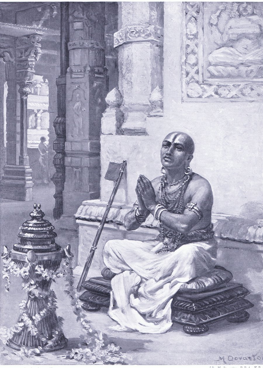 Ramanuja contemplando su filosofía del Dios único y personal 1100 d.C. (litografía) de Margaret Dovaston