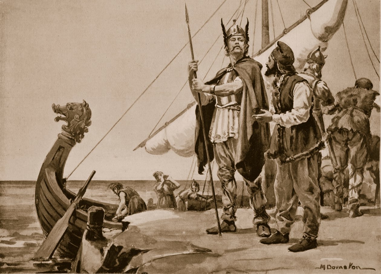 Rurik parte hacia la tierra de los eslavos, 862 (litografía) de Margaret Dovaston