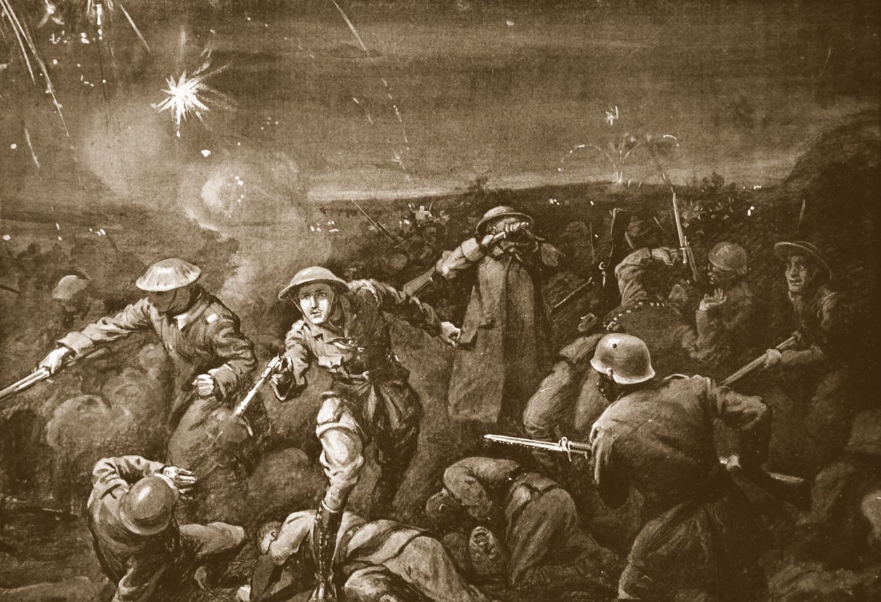 Capitán temporal A.C.T. White dirigiendo un contraataque y expulsando al enemigo de un reducto (litografía) de Margaret Dovaston