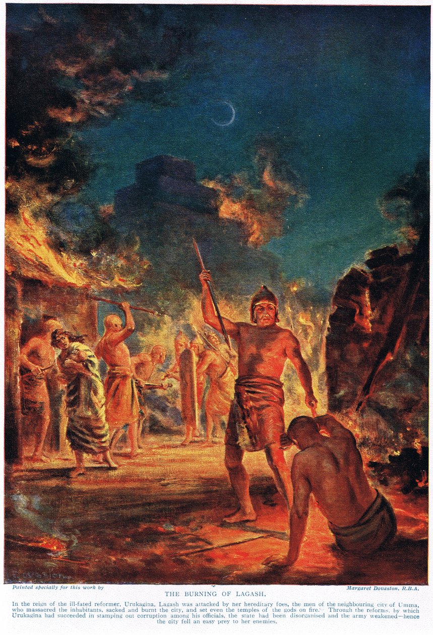 La quema de Lagash, ilustración de la "Historia de las Naciones" de Hutchinson (litografía en color). de Margaret Dovaston
