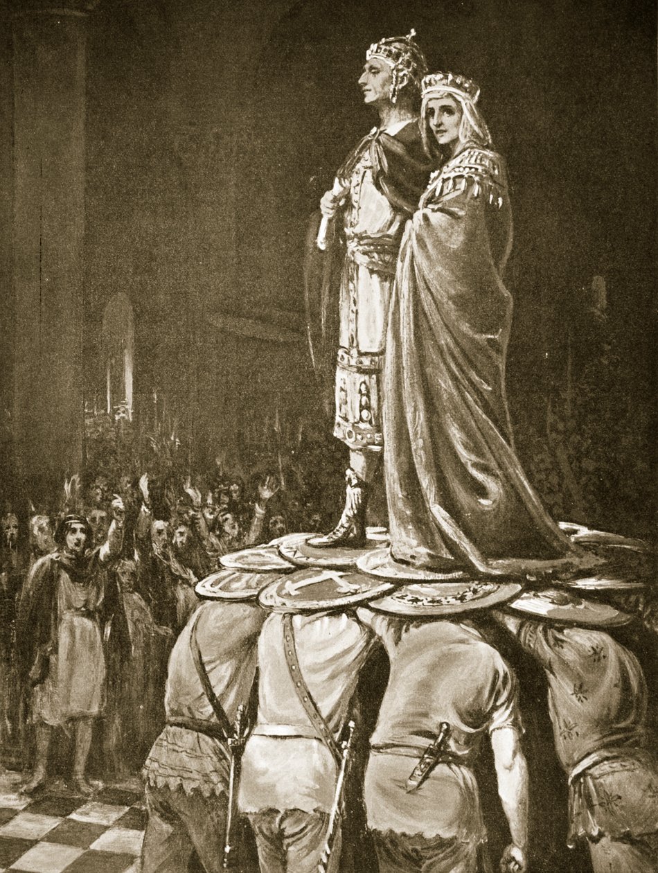 La coronación de Marcianus, ilustración de la "Historia de las Naciones de Hutchinson". de Margaret Dovaston