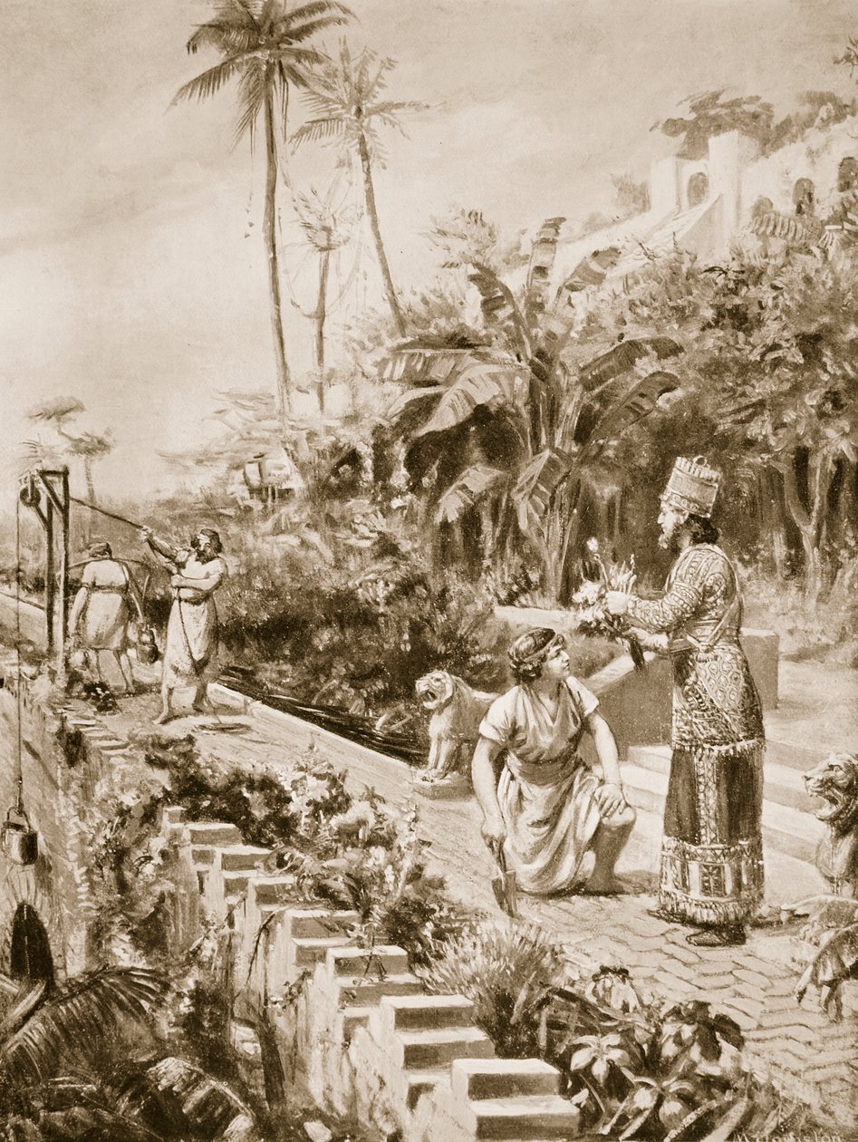 Los jardines colgantes de Babilonia, ilustración de la "Historia de las Naciones" de Hutchinson (litografía). de Margaret Dovaston