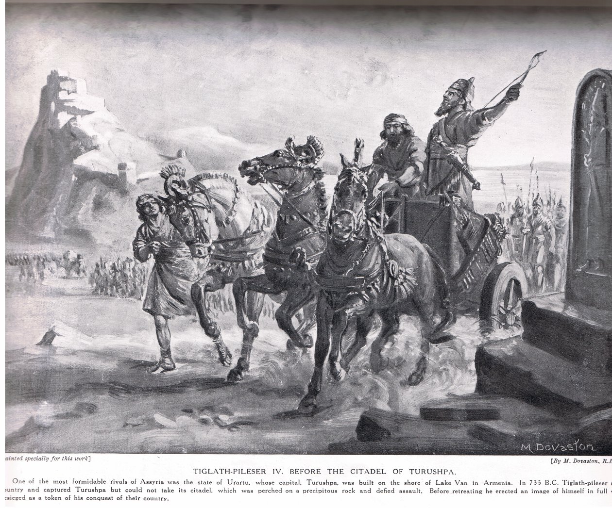 Tiglat-Pileser IV ante la ciudadela de Turushpa, ilustración de la "Historia de las Naciones de Hutchinson" (litografía). de Margaret Dovaston