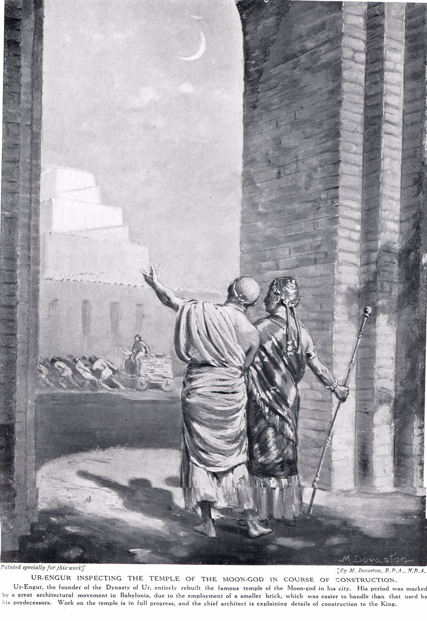 Ur-Engur inspeccionando el Templo del Dios Luna durante su construcción, ilustración de la "Historia de las Naciones" de Hutchinson (litografía). de Margaret Dovaston