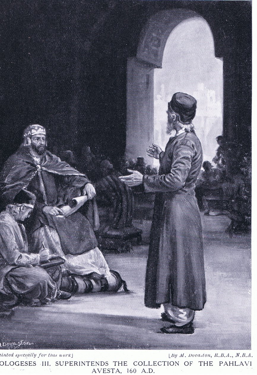 Vologeses III supervisa la recopilación del Avesta pahlavi 160 d.C. (litografía) de Margaret Dovaston