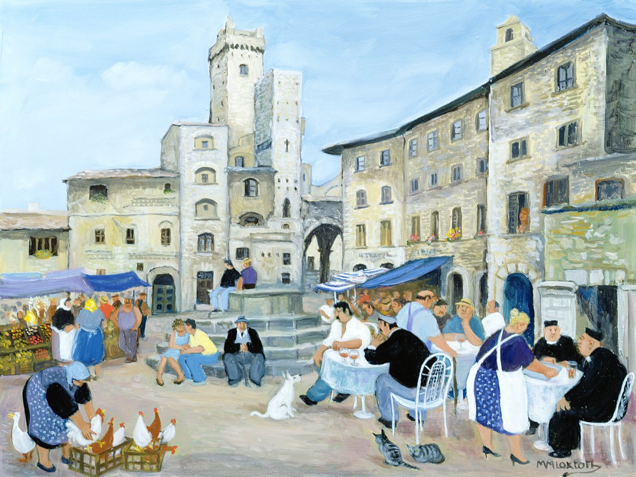 Lunchtime in a Market Square, Tuscany (óleo sobre lienzo) de Margaret Loxton