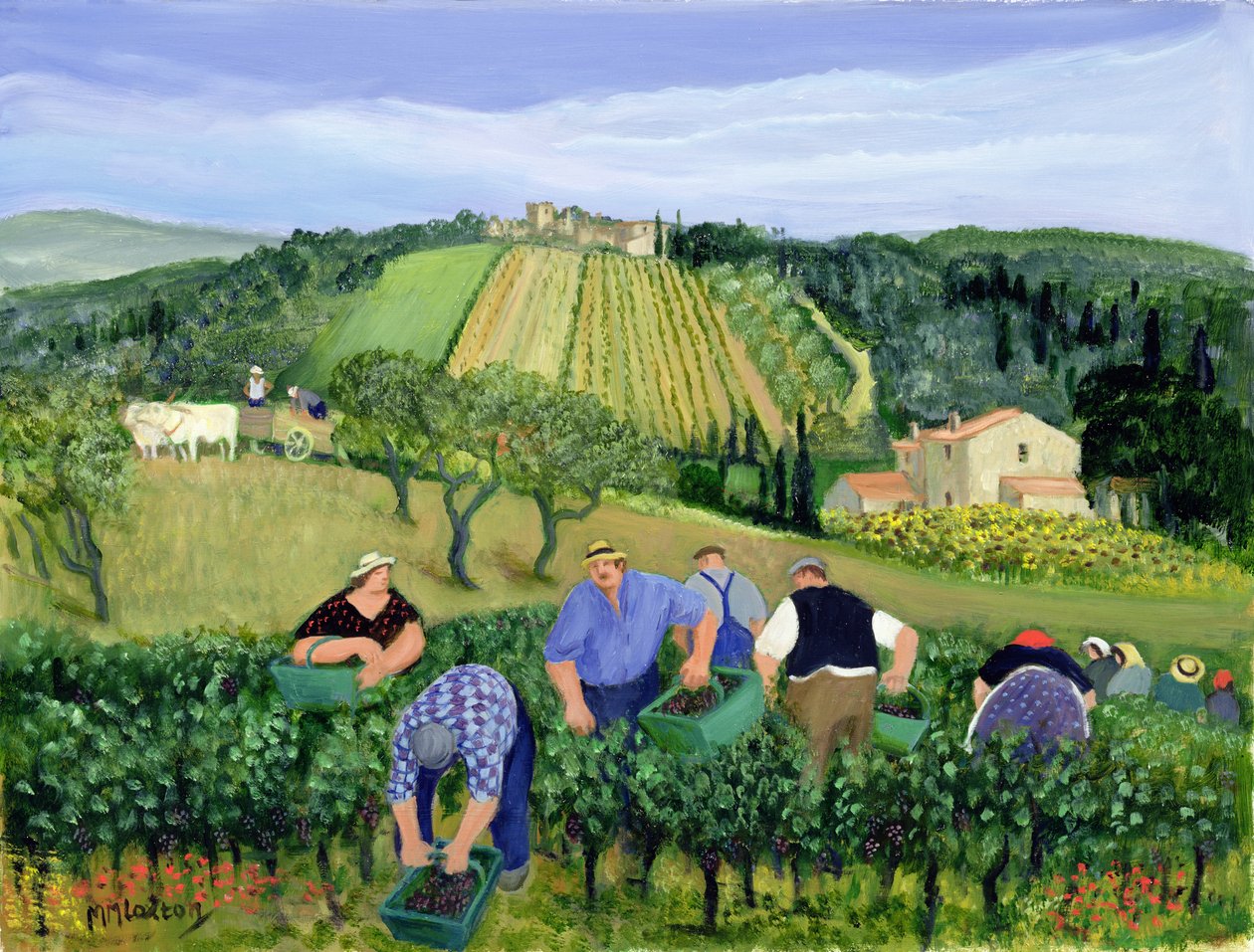 Viñedo, aceitunas y girasoles (óleo sobre lienzo) de Margaret Loxton