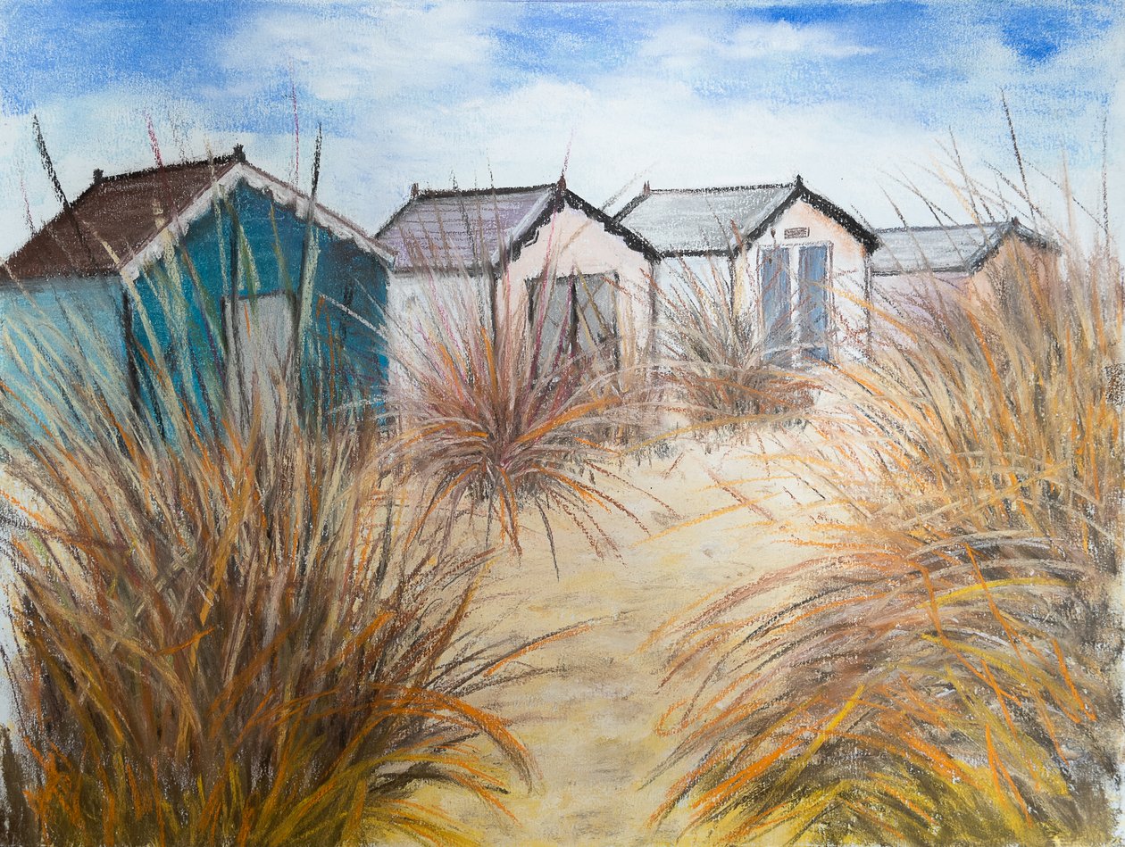Cabañas en la playa, Cornualles, 2022 (pastel) de Margo Starkey