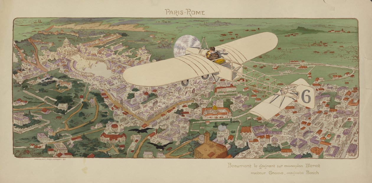 El Monoplano Bleriot de Beaumont llegando a Roma ganando la carrera aérea París-Roma de Marguerite (fl.1909 14) Montaut