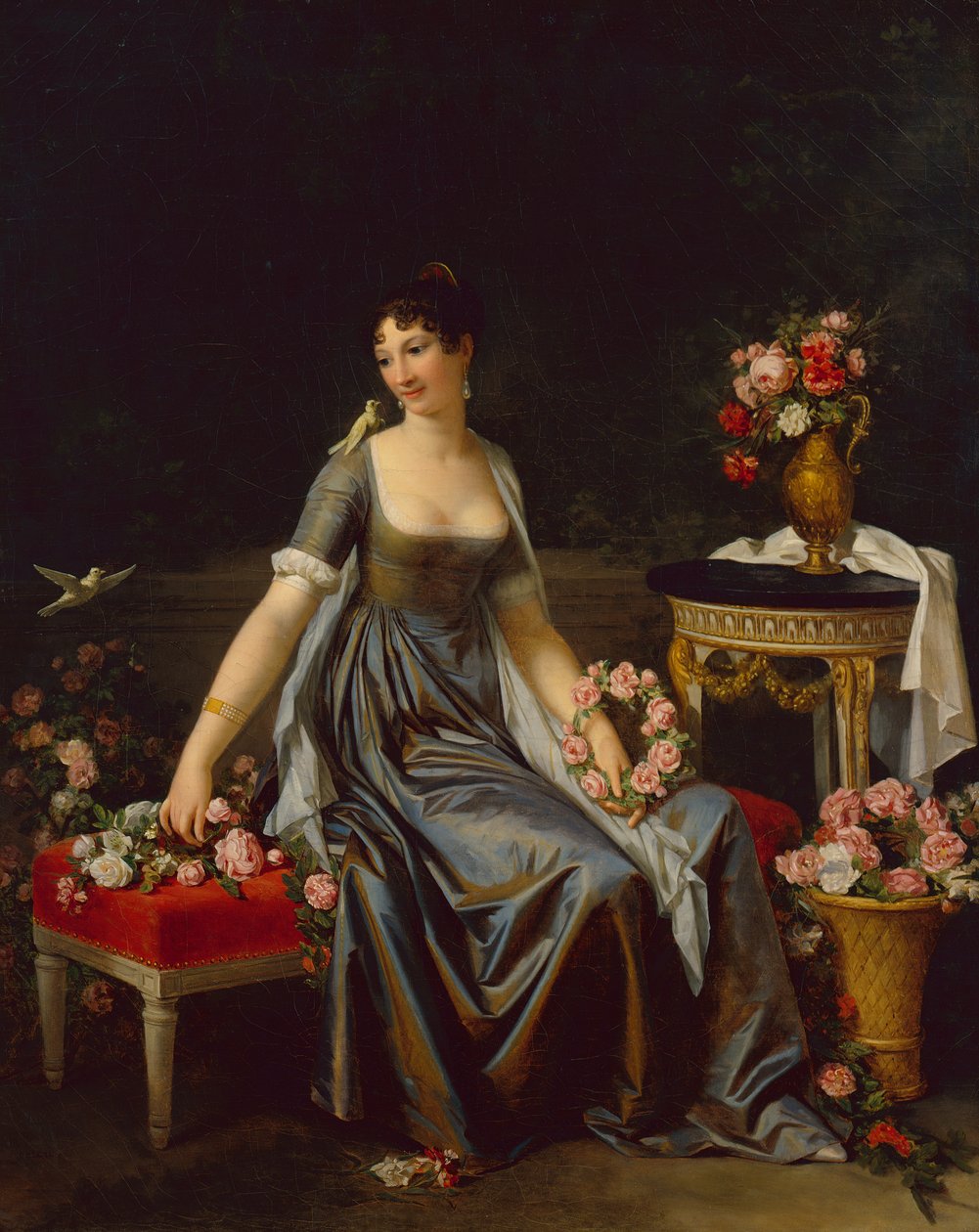 Retrato de una dama, rodeada de flores y pájaros, c.1800 de Marguerite Gerard