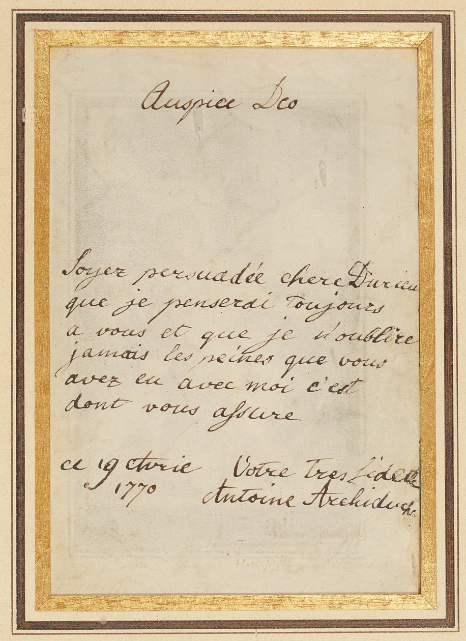 Carta autógrafa a Thérèse o Barbe Durieux, fechada el 19 de abril de 1770 de Maria Antonia Josepha Johanna von Habsburg Lothringen