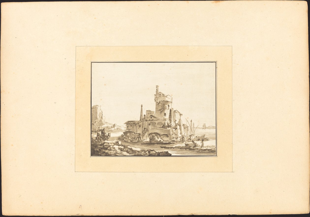 Paisaje con una torre redonda de Maria Catharina Prestel after Thomas Wyck