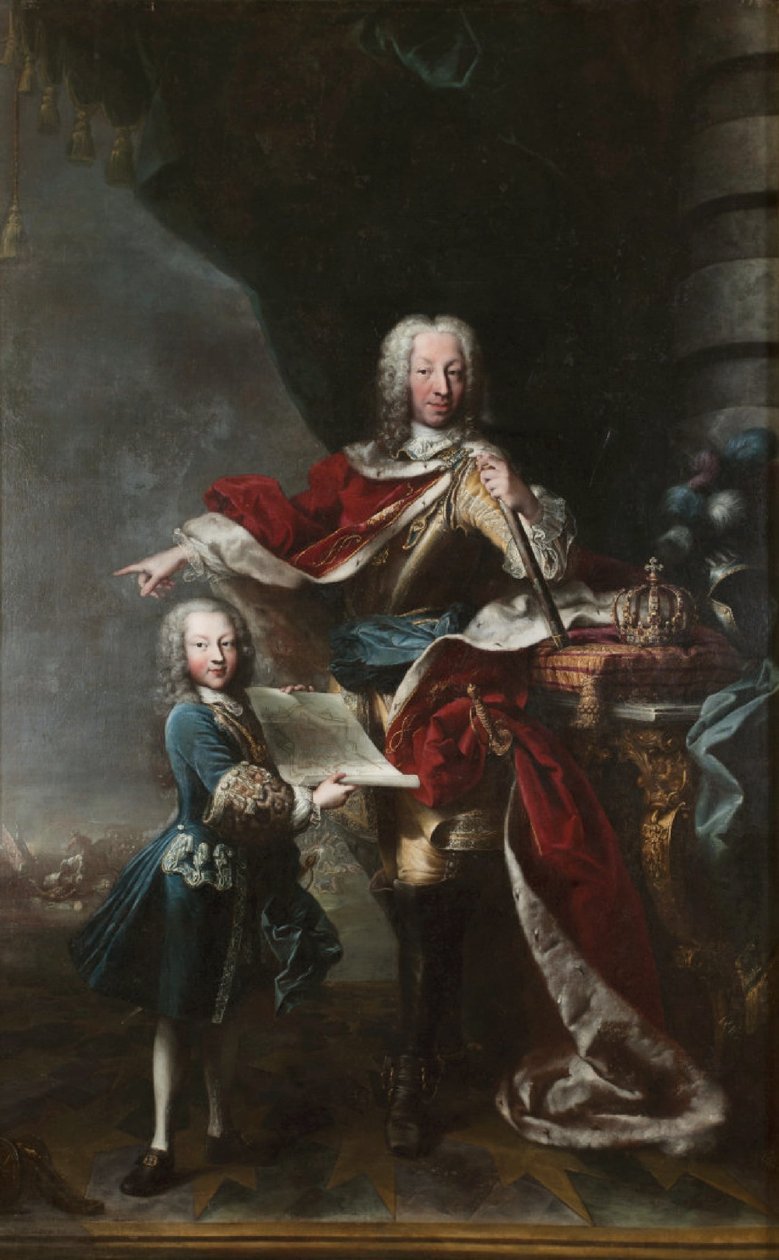 "Víctor Amadeo III de niño muestra a su padre Carlos Manuel III de Saboya el plano del castillo de Milán. Retrato de Carlos Manuel III y Víctor Amadeo III de Saboya". de Maria Giovanna Clementi