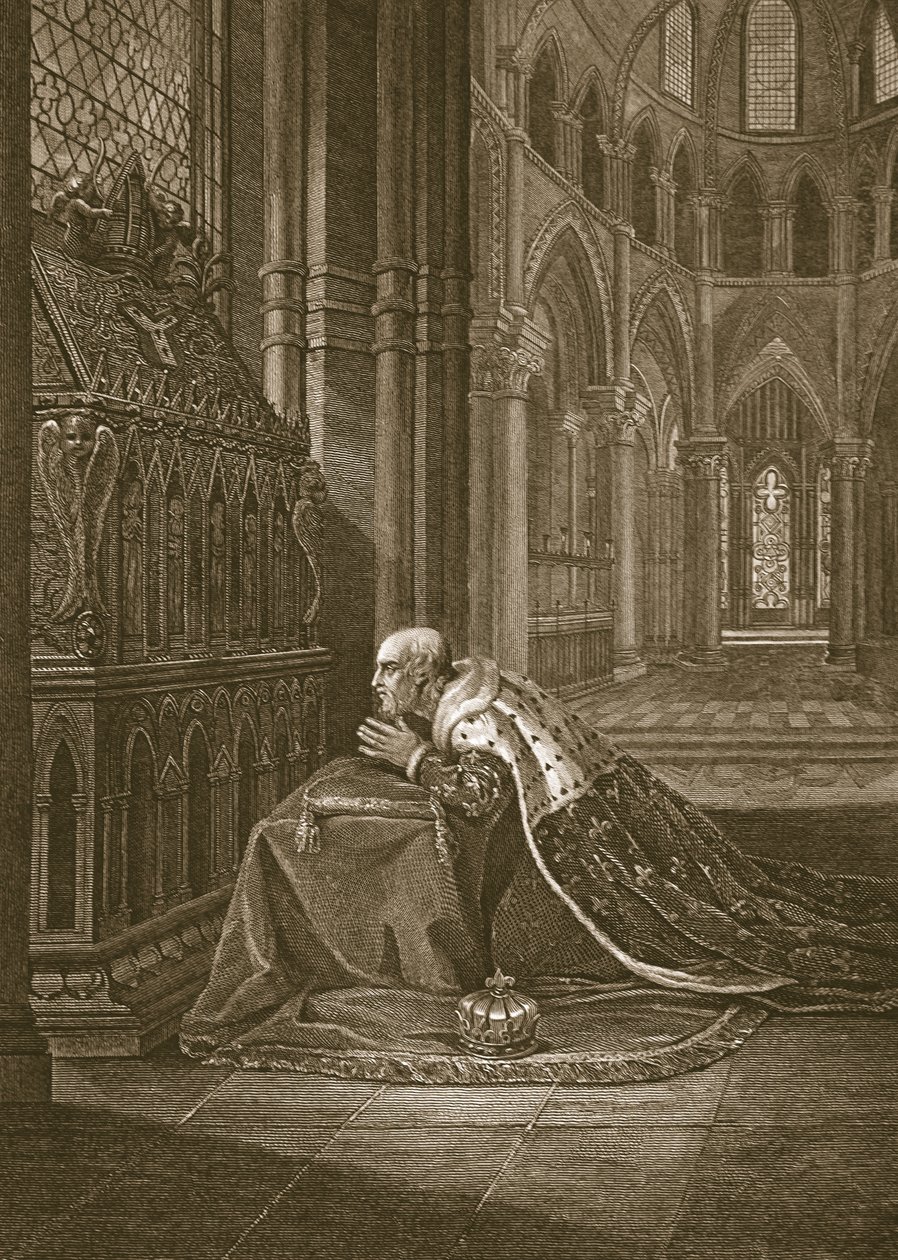 Luis VII, Rey de Francia, ante la tumba de Beckett, grabado por W. Sharp, ilustración de 