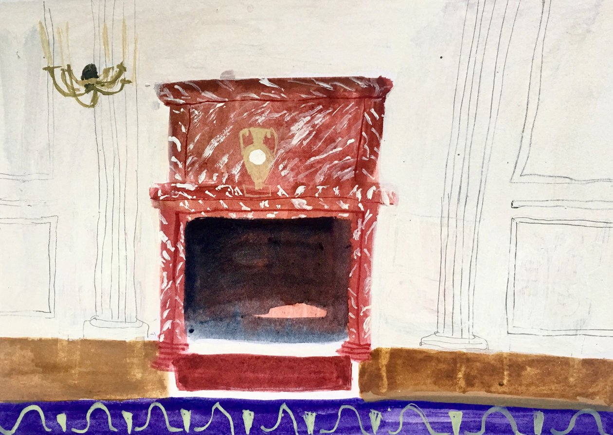 Interior con chimenea roja, 2018 (acuarela y temple sobre papel) de Maria Magenta