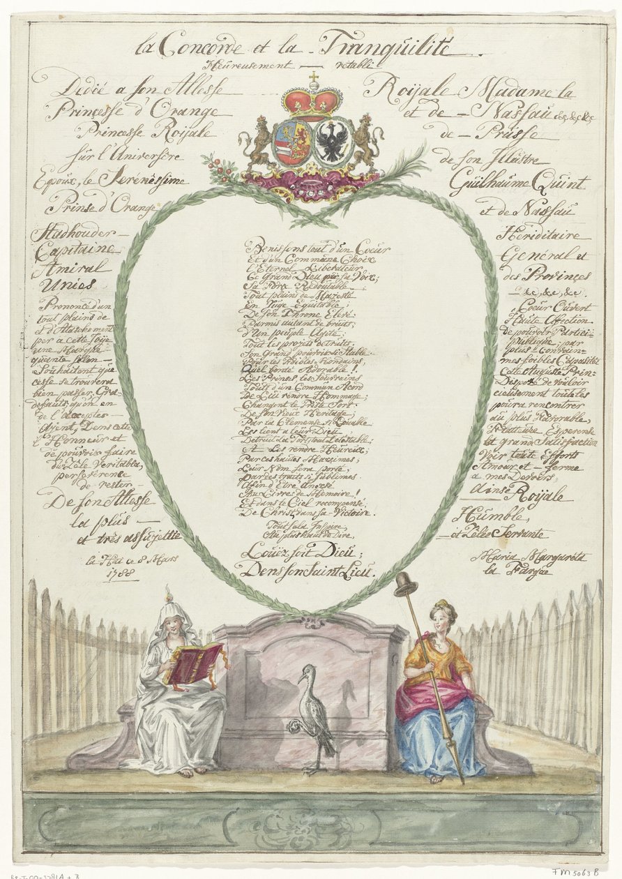 Verso para la princesa Guillermina en el cuadragésimo cumpleaños del príncipe Guillermo V, 1788 la Concorde et la Tranquilité (título sobre objeto) de Maria Margaretha la Fargue