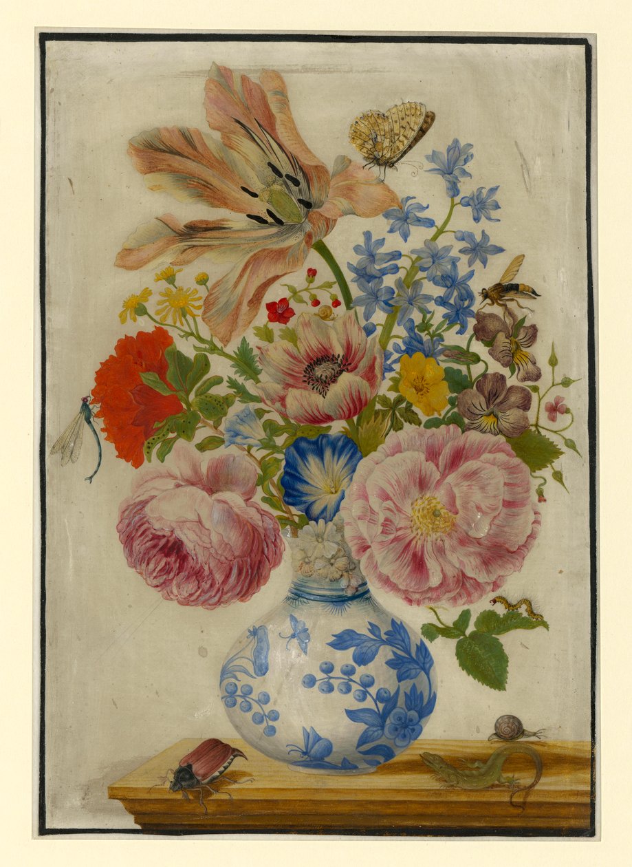 Jarrón chino con rosas, amapolas y claveles de Maria Sibylla Merian