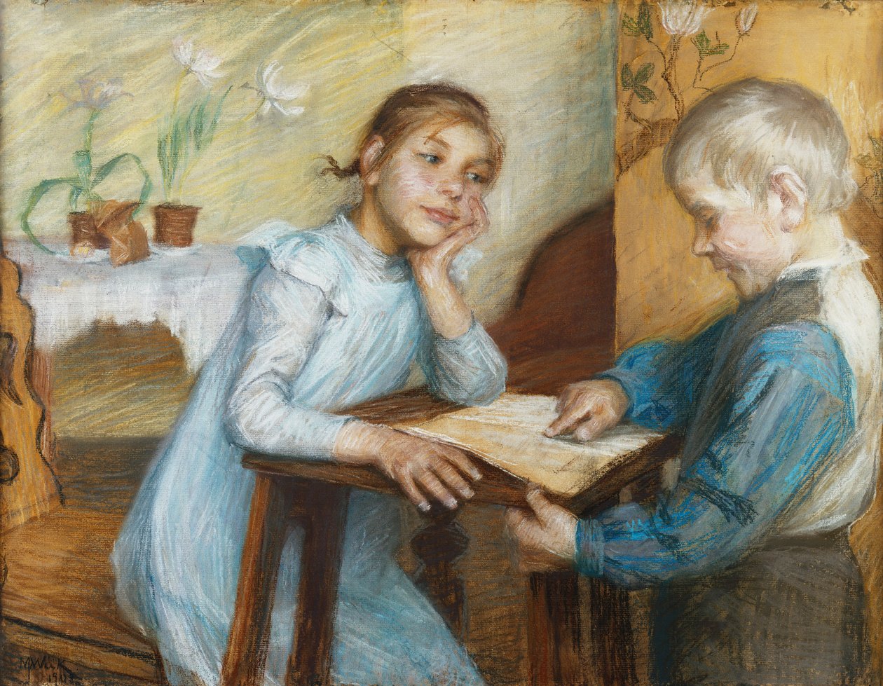 Un interior con un niño leyendo a una niña, 1912 de Maria Wiik