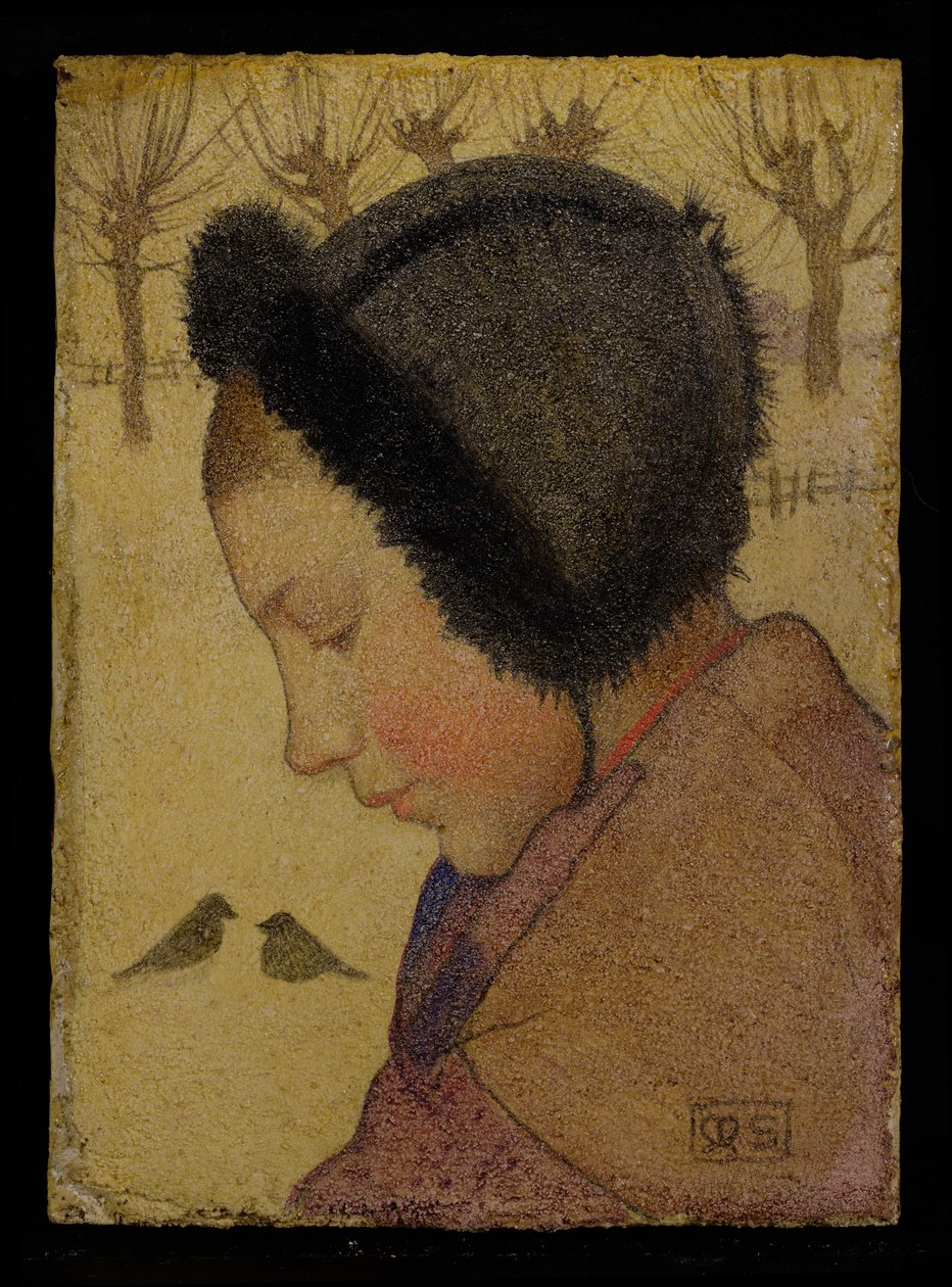 Cabeza de una joven con sombrero de piel de Marianne Stokes