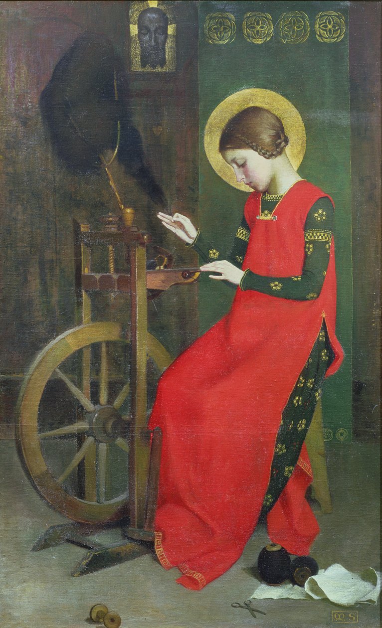 Santa Isabel de Hungría hilando lana para los pobres, c. 1895 de Marianne Stokes