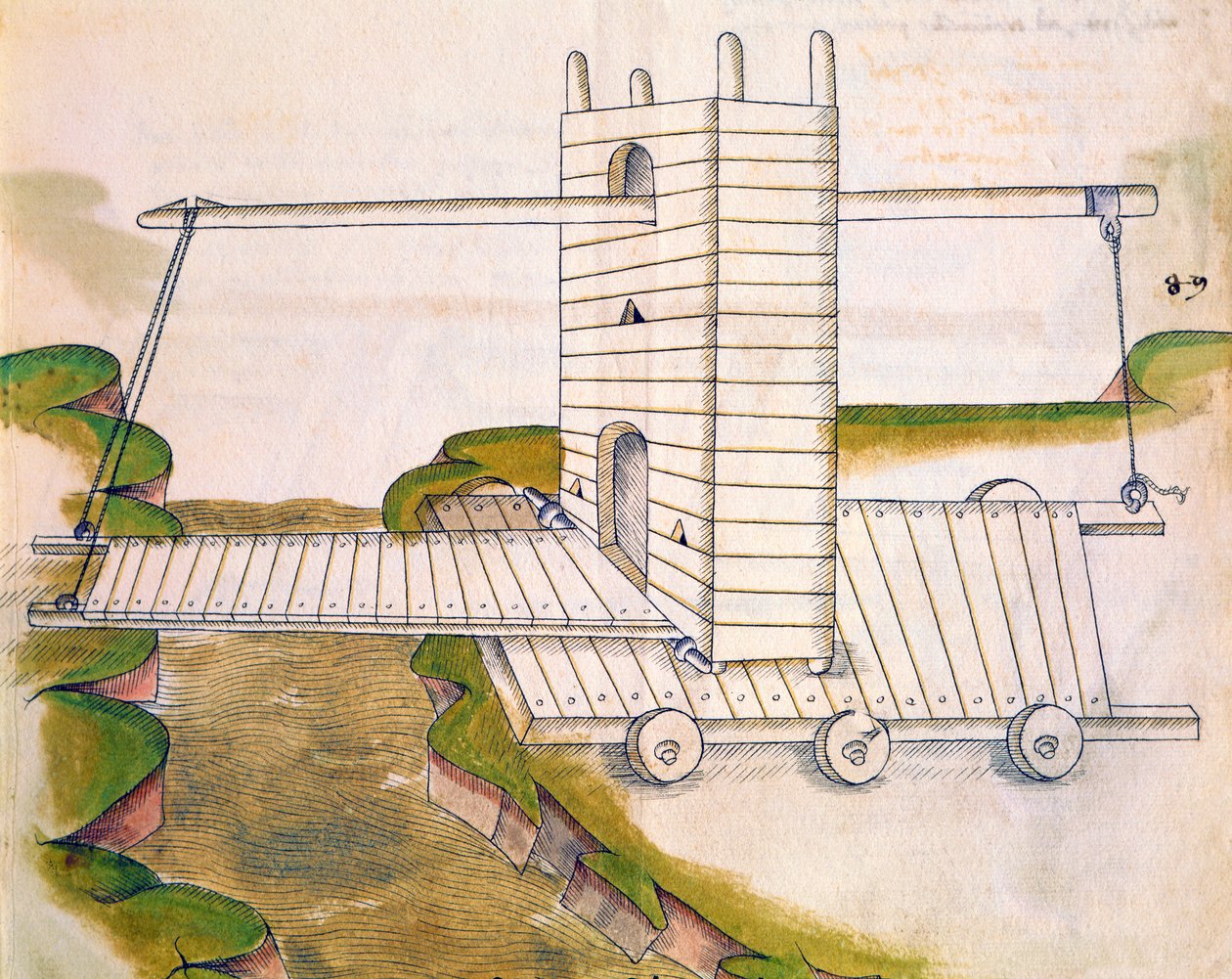 Diseño para una máquina con puente levadizo sobre ruedas para uso en guerra o asedios, ilustración de De Machinis de Mariano di Jacopo 1382 c.1453 after Mariano di Jacopo 1382 c.1453 after