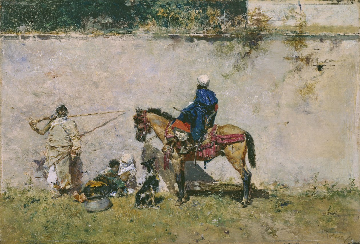Orientalismo: una familia marroquí junto al agua (Los marroquíes) - Pintura de Mariano Fortuny (1838-1874) de Mariano Fortuny y Marsal