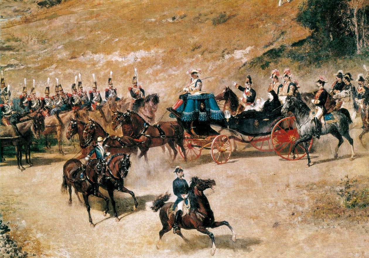 La reina María Cristina y su hija Isabel II revisando las baterías de artillería que defienden Madrid en 1837, (detalle), c. 1866 de Mariano José María Bernardo Fortuny y Carbó