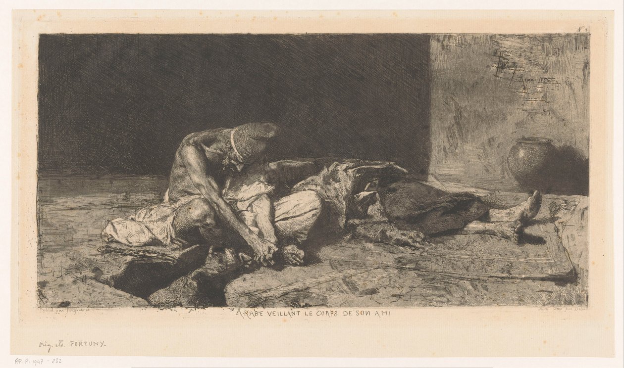 Hombre árabe vigila el cadáver de su amigo Arabe veillant sur le corps de son ami (título sobre el objeto) de Mariano José María Bernardo Fortuny y Carbó