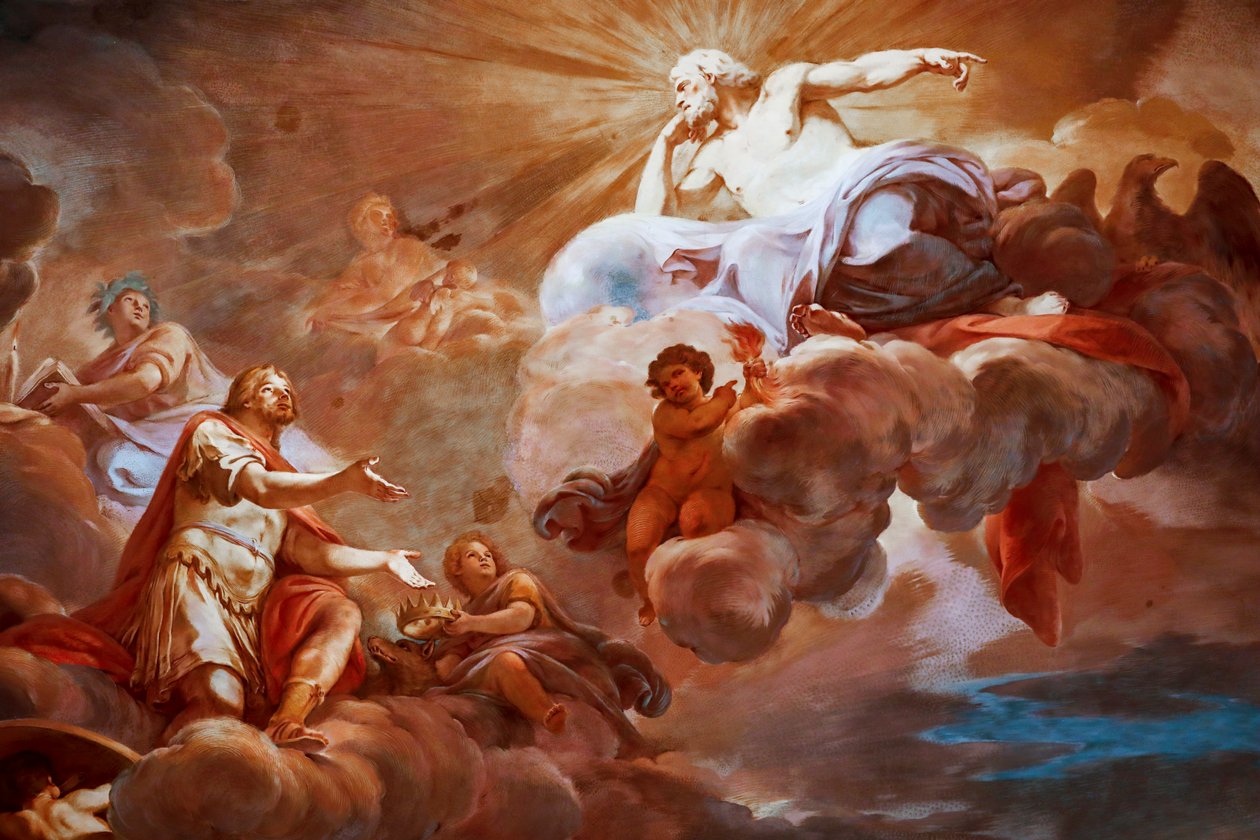 Rómulo es recibido en el Olimpo por Júpiter. Detalle de “Apoteosis de Rómulo" 1775 -1779, fresco de Mariano Rossi