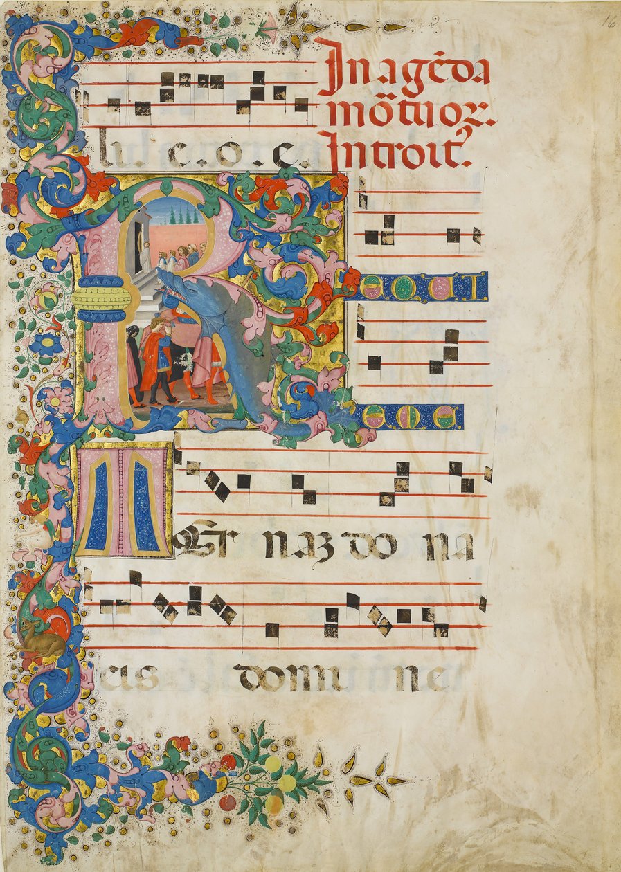 Hoja de manuscrito con una procesión funeraria en una inicial R, de un gradual, italiano, segunda mitad del siglo XV de Mariano del Buono