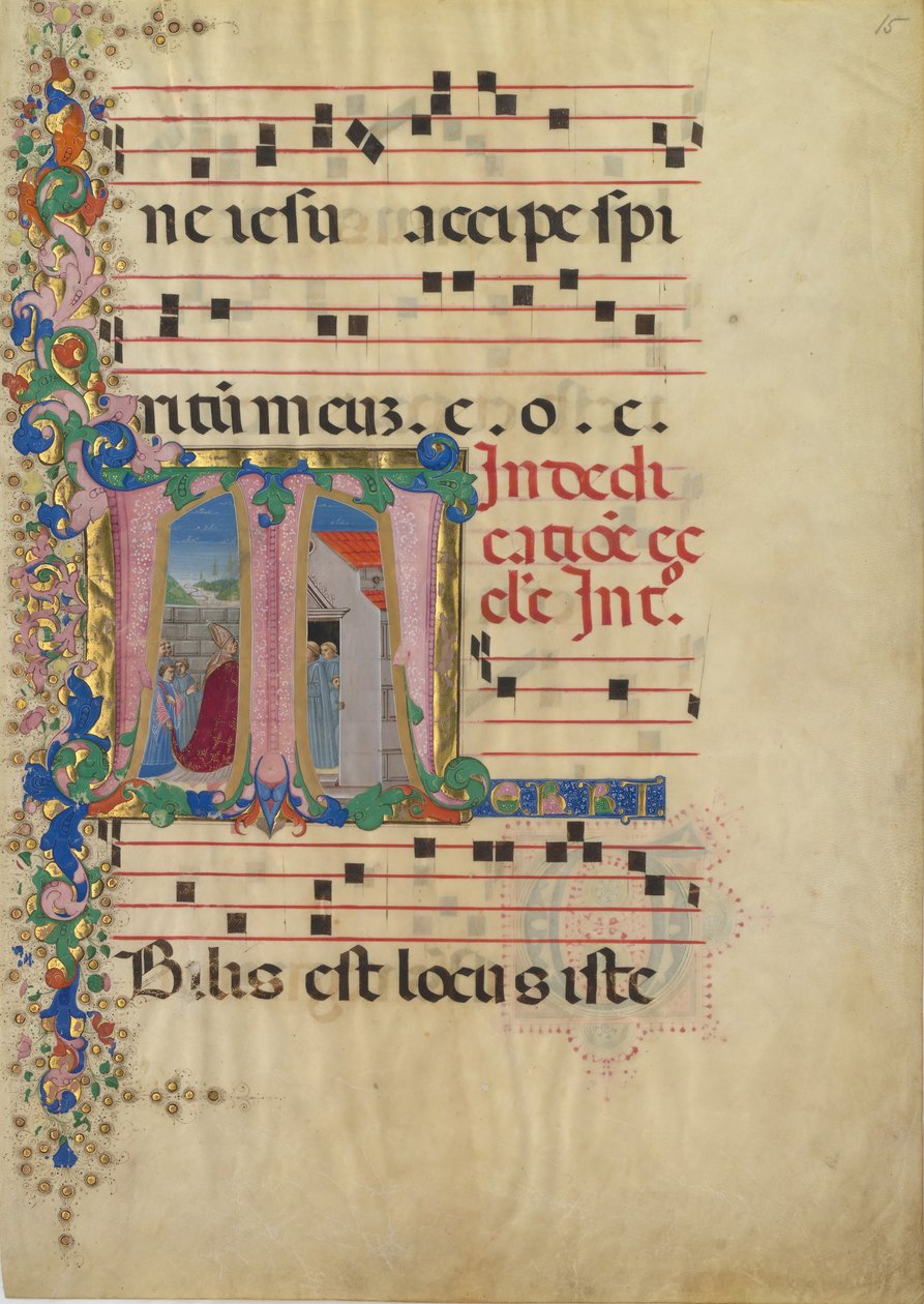 Hoja de manuscrito con la dedicación de una iglesia en una inicial T, de un gradual, 2ª mitad del siglo XV de Mariano del Buono