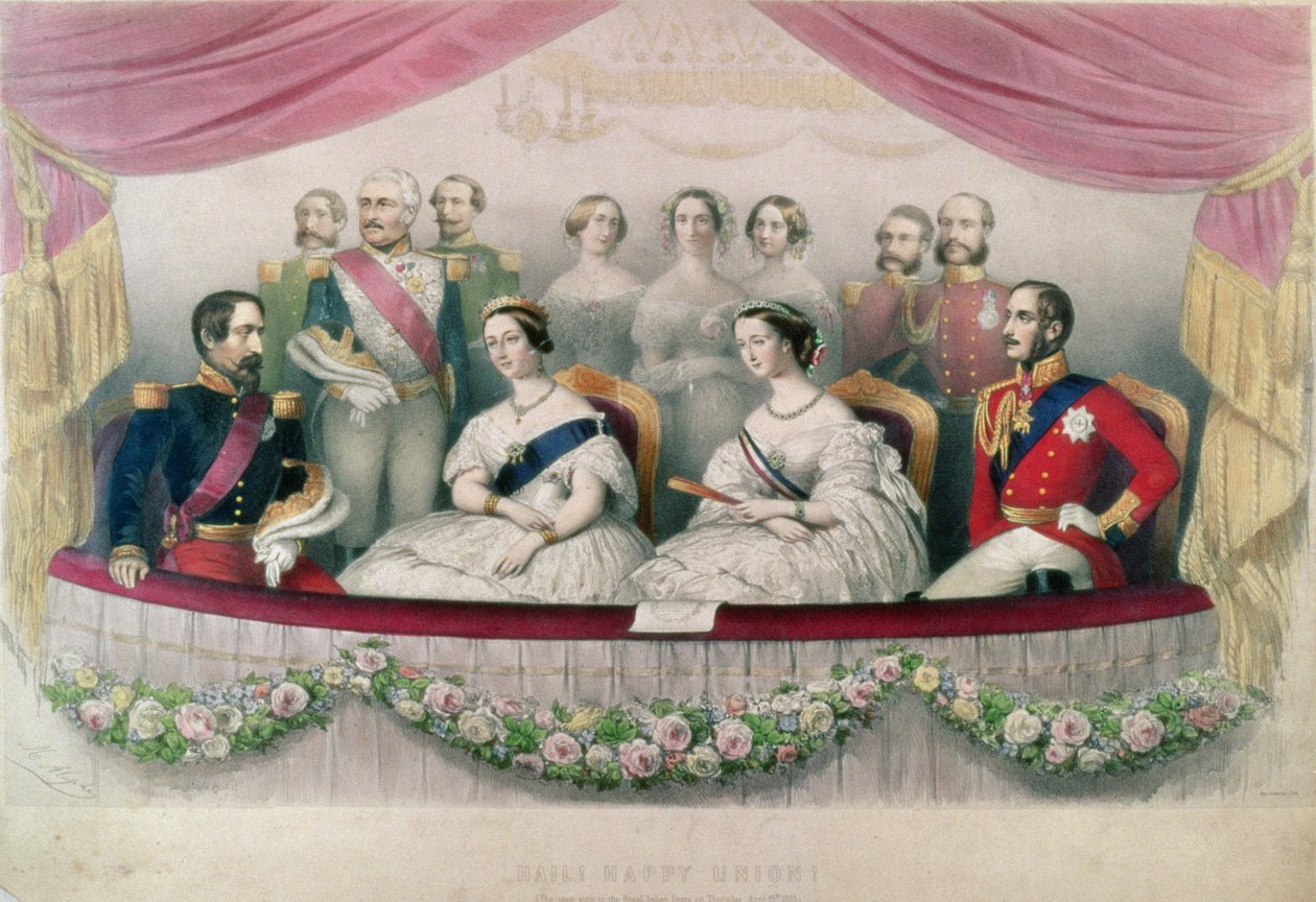 Salve Feliz Unión, la visita de Estado a la Real Ópera Italiana por la Reina Victoria, el Príncipe Alberto y el Emperador y la Emperatriz de Francia, 1855 de Marie Alexandre Alophe