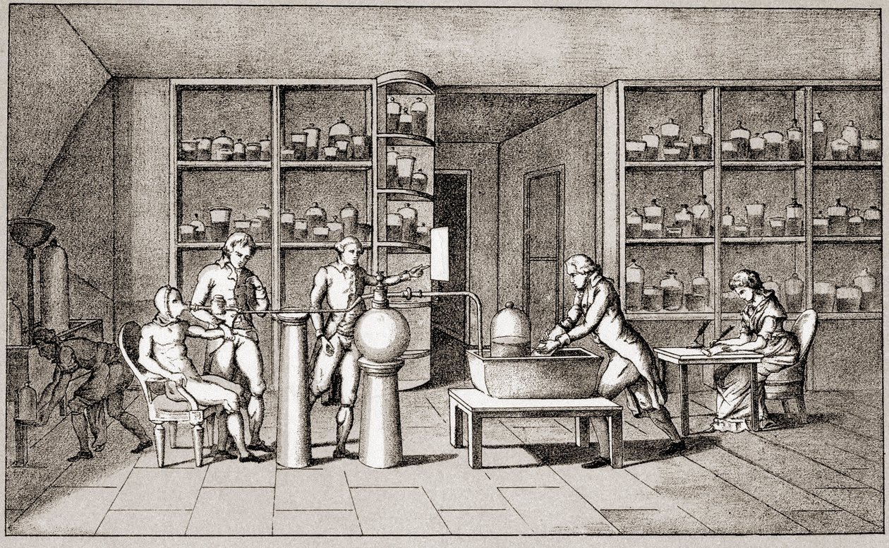 Antoine Laurent de Lavoisier (1743-1794), químico francés realizando un experimento sobre la respiración del hombre en reposo. Dibujo de la Sra. Lavoisier. París siglo XVIII. Colección Leemage. de Marie Anne Pierrette Lavoisier