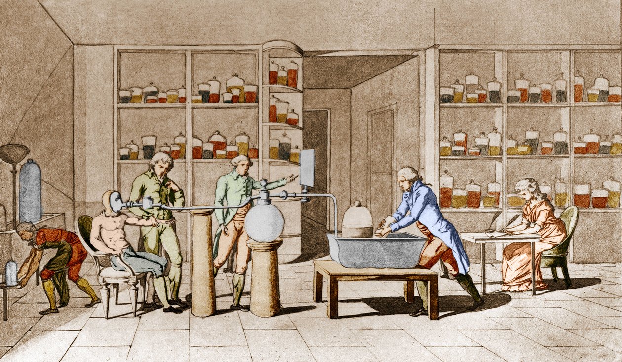 Antoine Laurent de Lavoisier (1743-1794), químico francés, realiza un experimento sobre la respiración del hombre en reposo. Del dibujo de Mme Lavoisier. París siglo XVIII. Colección Leemage de Marie Anne Pierrette Lavoisier