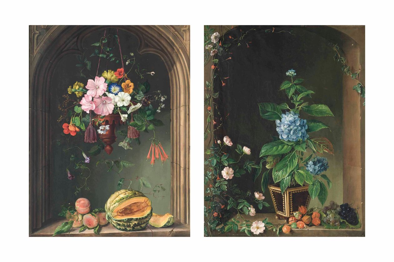 Capuchinas, convólvulos, geranios, petunias y otras flores en un aguamanil suspendido bajo un arco sobre melocotones y un melón; y Hortensias, rosas, hiedra, uvas y otras flores en un arco (óleo sobre lienzo) de Marie Auersperg