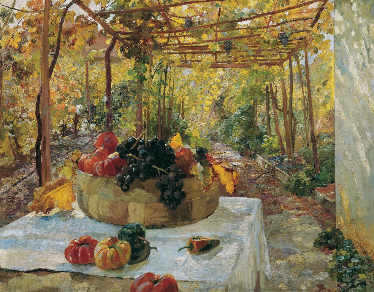 En la pérgola, c.1910 (óleo sobre papel y cartón) de Marie Egner