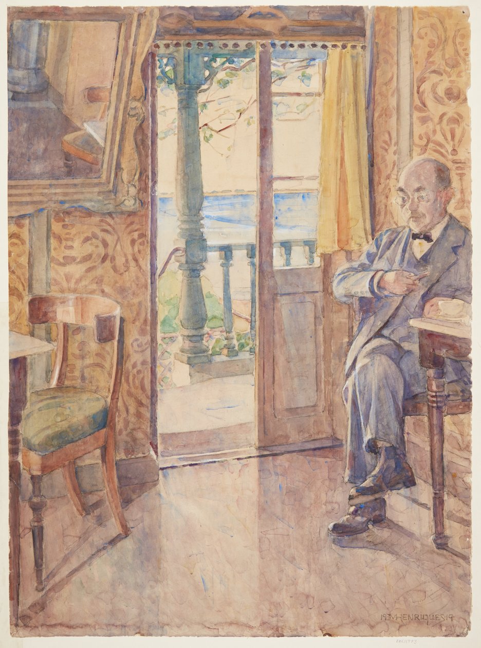 El pintor Tom Petersen, sentado en una veranda de Marie Henriques