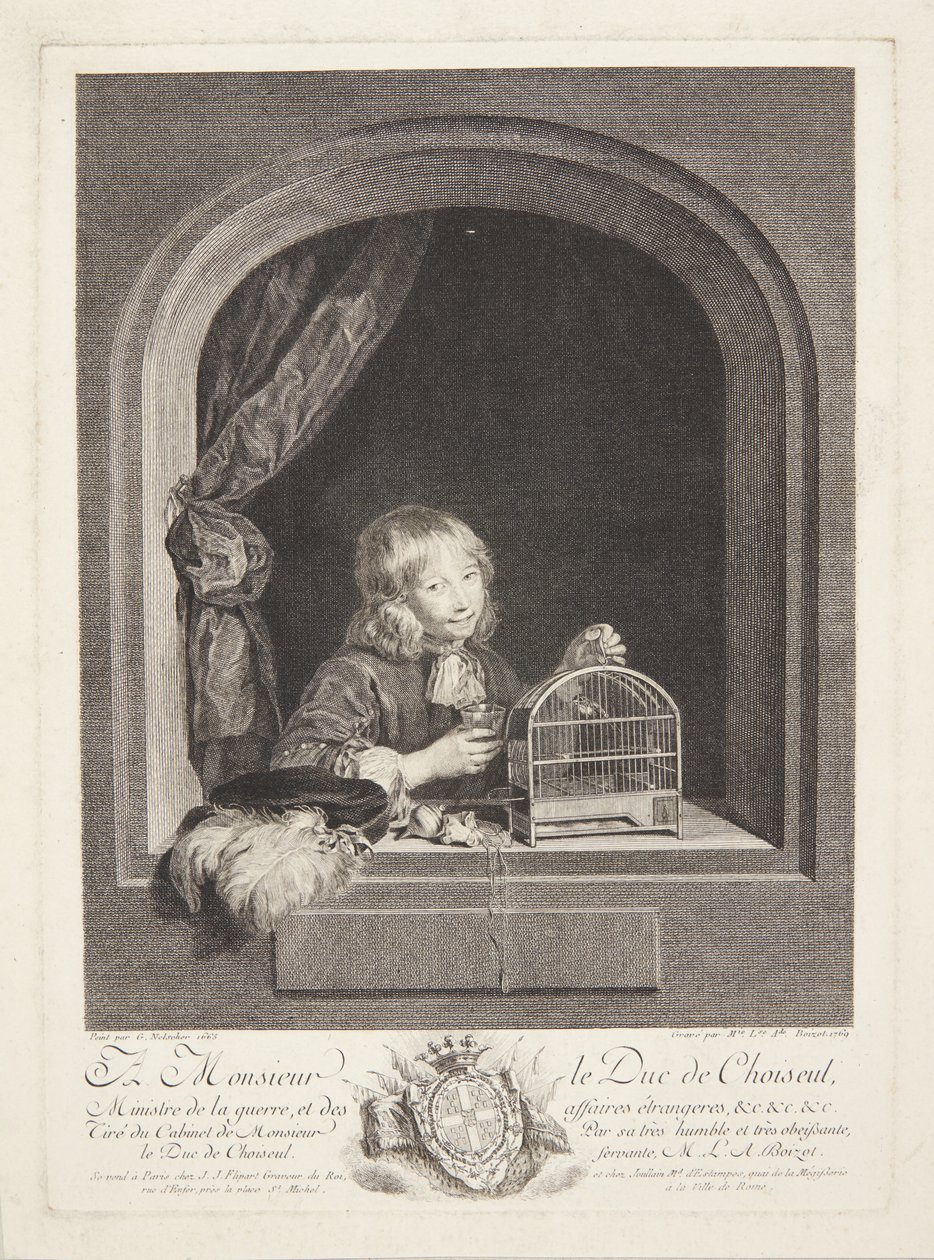 Un niño con una jaula de pájaros en una ventana de Marie Louise Adélaïde Boizot