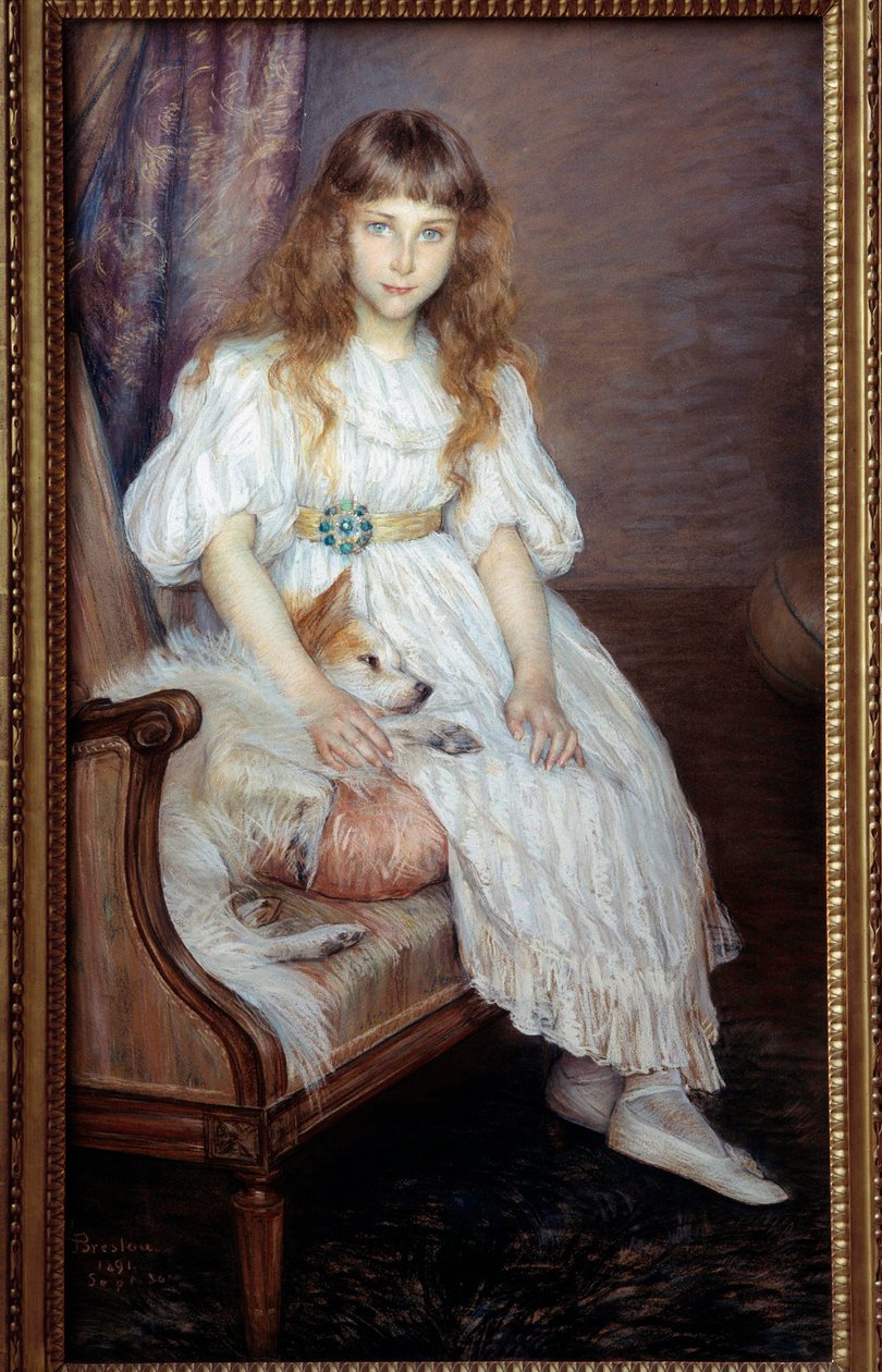 La niña con el perro blanco o retrato de Adeline Poznanska de Marie Louise Catherine Breslau