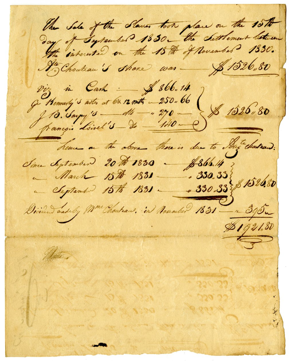 Documento sobre la venta de esclavos y la parte correspondiente a varios individuos, noviembre de 1831 de Marie Therese Cerre Chouteau