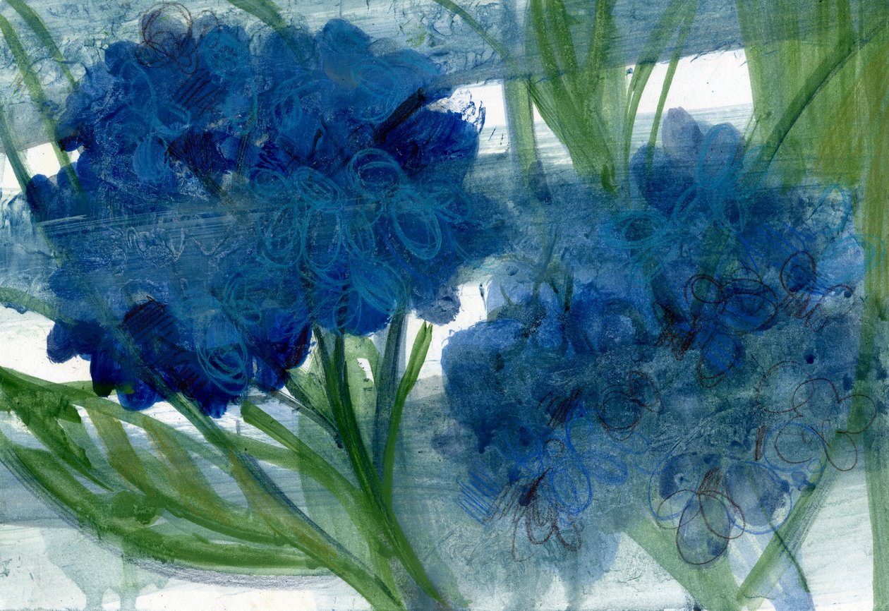 Hortensias azules, 2020 (óleo sobre papel A4) de Marina Falco