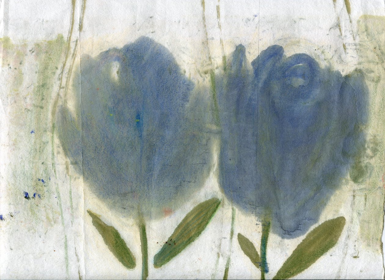 Tulipanes azules, 2020 (óleo y técnica mixta sobre papel A4) de Marina Falco