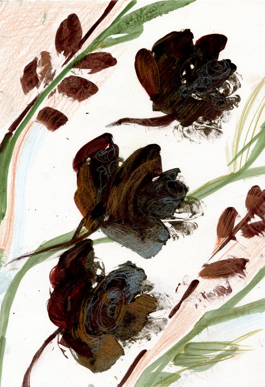 Flores secas, 2020 (óleo y técnica mixta sobre papel A4) de Marina Falco