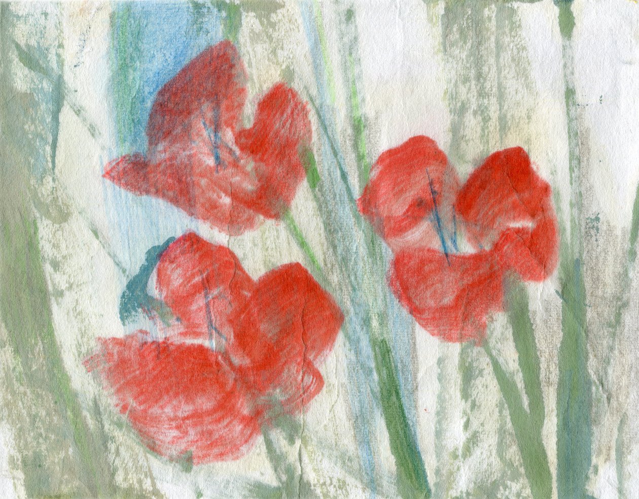 Flores rojas, 2020 (técnica mixta sobre papel A4) de Marina Falco