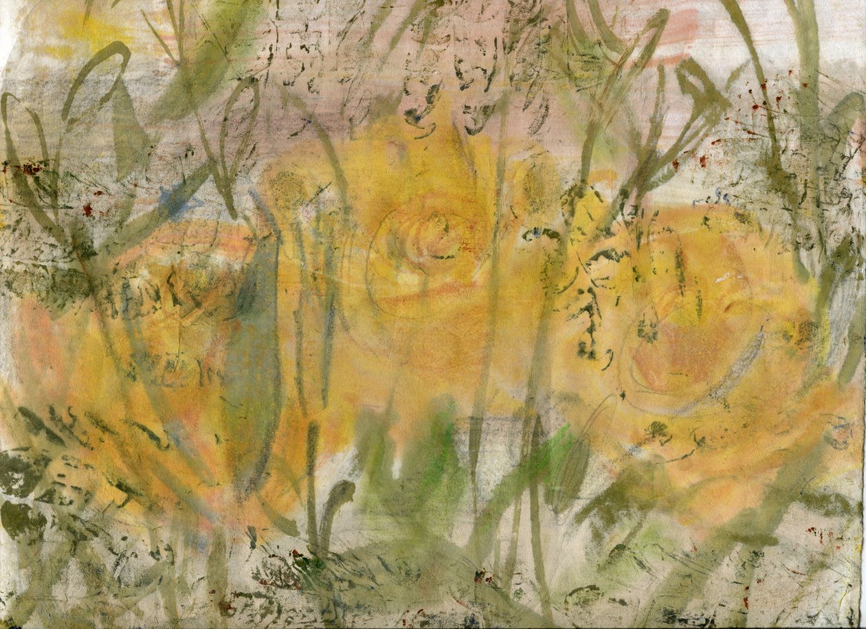 Roses gialle, 2020 (óleo y técnica mixta sobre papel A4) de Marina Falco