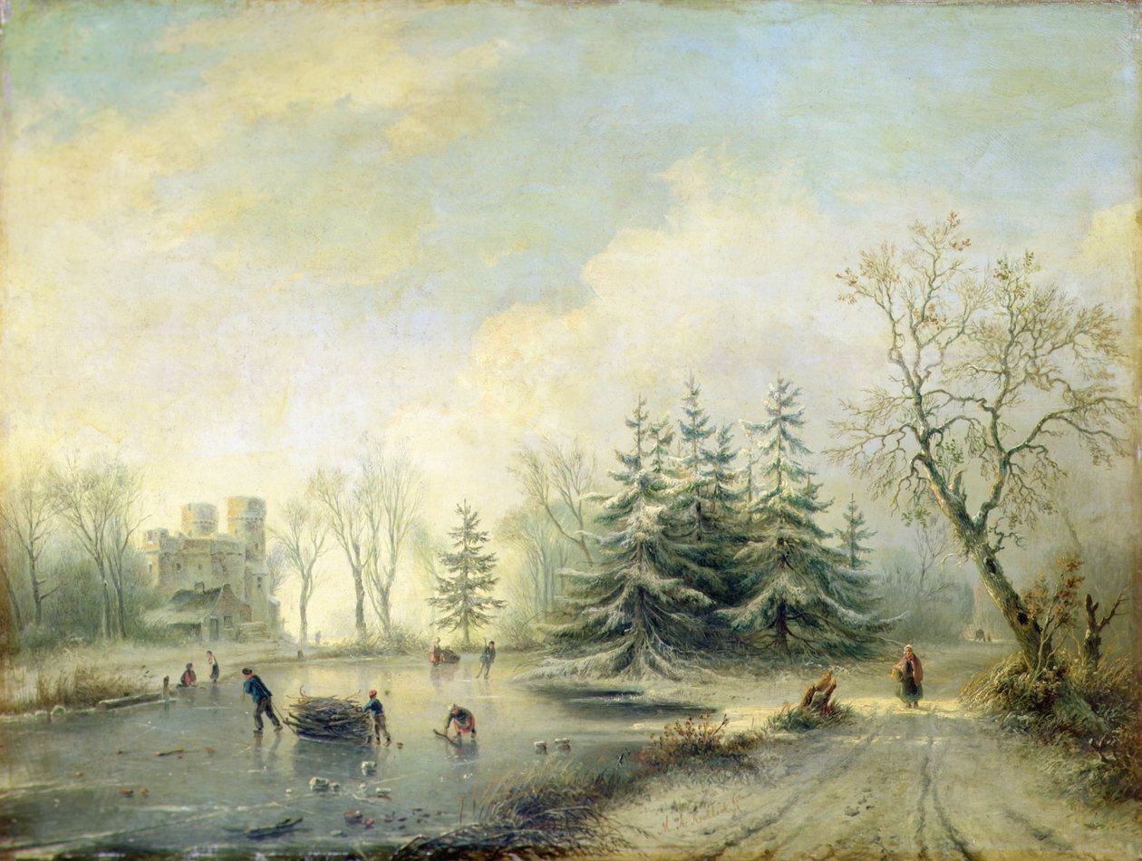 Árboles, castillo y figuras patinando de Marinus Adrianus Koekkoek
