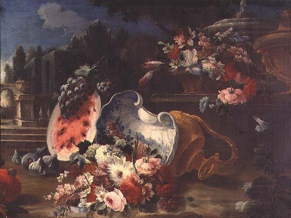 Naturaleza muerta, flores mixtas y frutas cerca de una fuente de Mario (follower of) Nuzzi