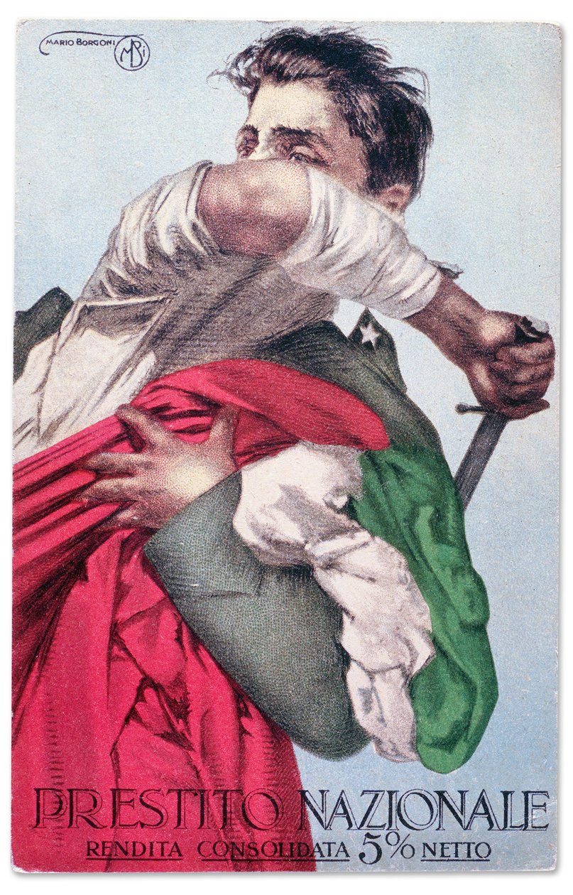 Un soldado italiano defiende la Tricolor con la espada desenvainada. Tarjeta postal de propaganda del Préstamo Nacional, c.1915-18 (tarjeta postal). de Mario Borgoni